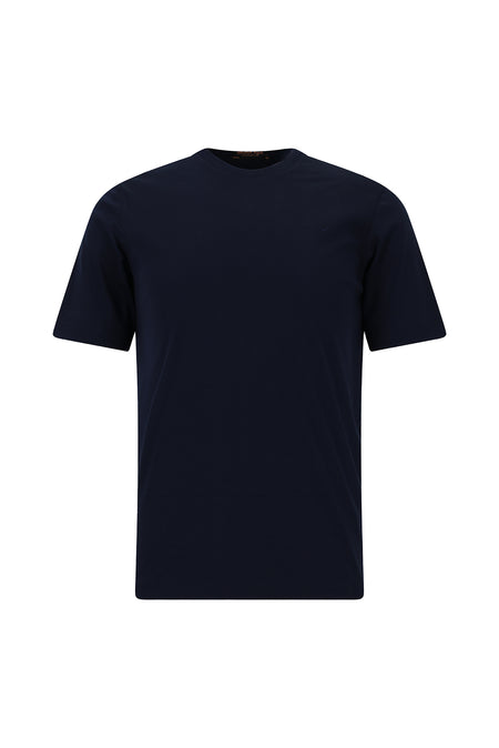 Koyu Lacivert Bisiklet Yaka Slim Fit Dar Kesim Nakışlı Pamuk T-shirt