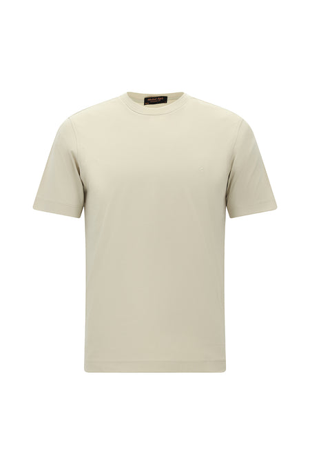 Açık Bej Bisiklet Yaka Slim Fit Dar Kesim Nakışlı Pamuk T-shirt