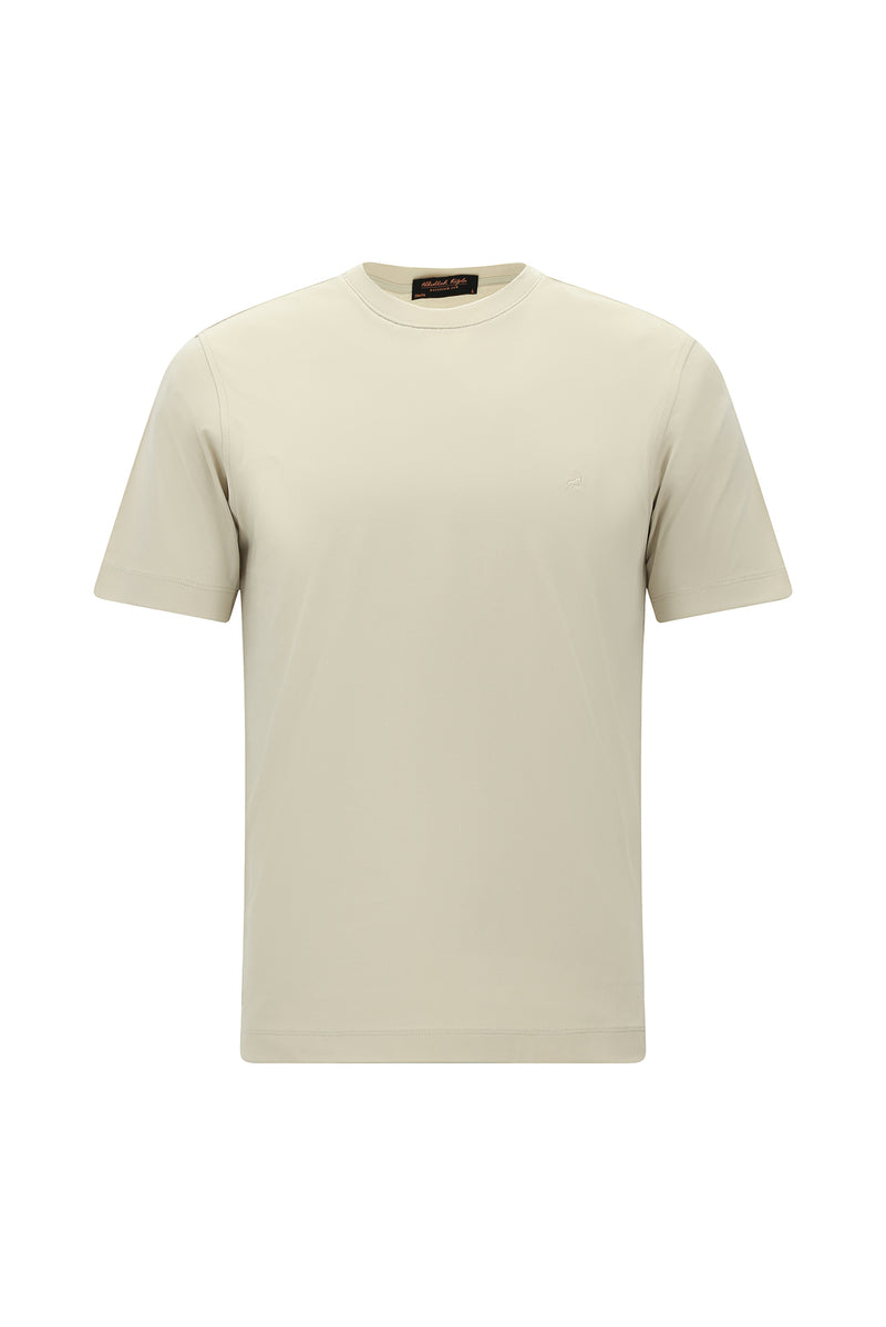 Açık Bej Bisiklet Yaka Slim Fit Dar Kesim Nakışlı Pamuk T-shirt