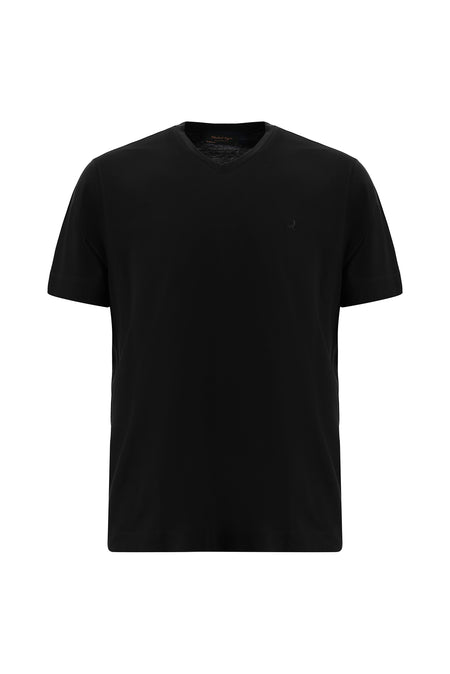 Siyah V Yaka Regular Fit Nakışlı Merserize Pamuk T-shirt