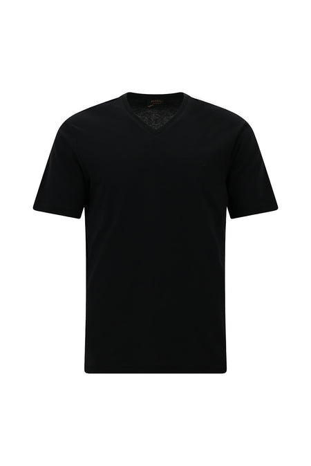 Siyah V Yaka Regular Fit Nakışlı Pamuklu T-shirt