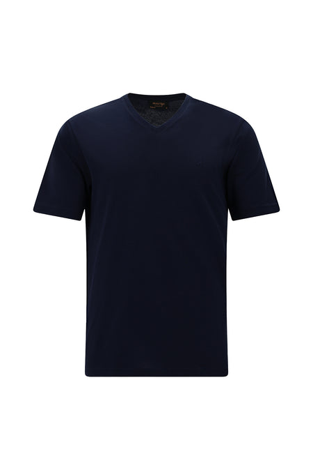 Lacivert V Yaka Regular Fit Nakışlı Pamuklu T-shirt