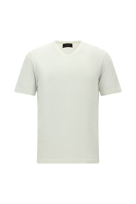 Kırık Beyaz V Yaka Regular Fit Nakışlı Pamuklu T-shirt
