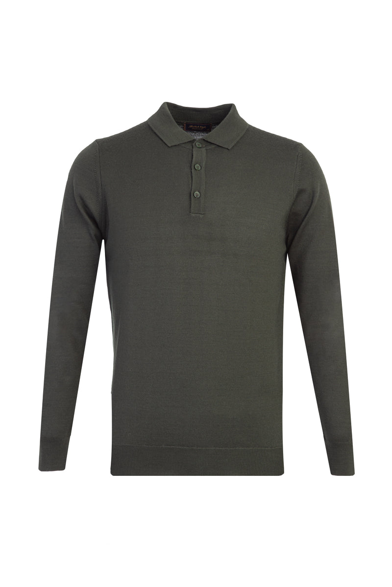Haki Polo Yaka Regular Fit Yünlü Triko Kazak