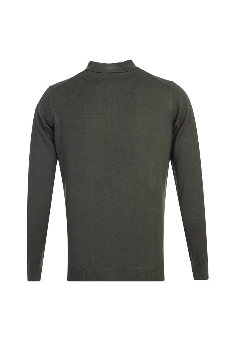 Haki Polo Yaka Regular Fit Yünlü Triko Kazak