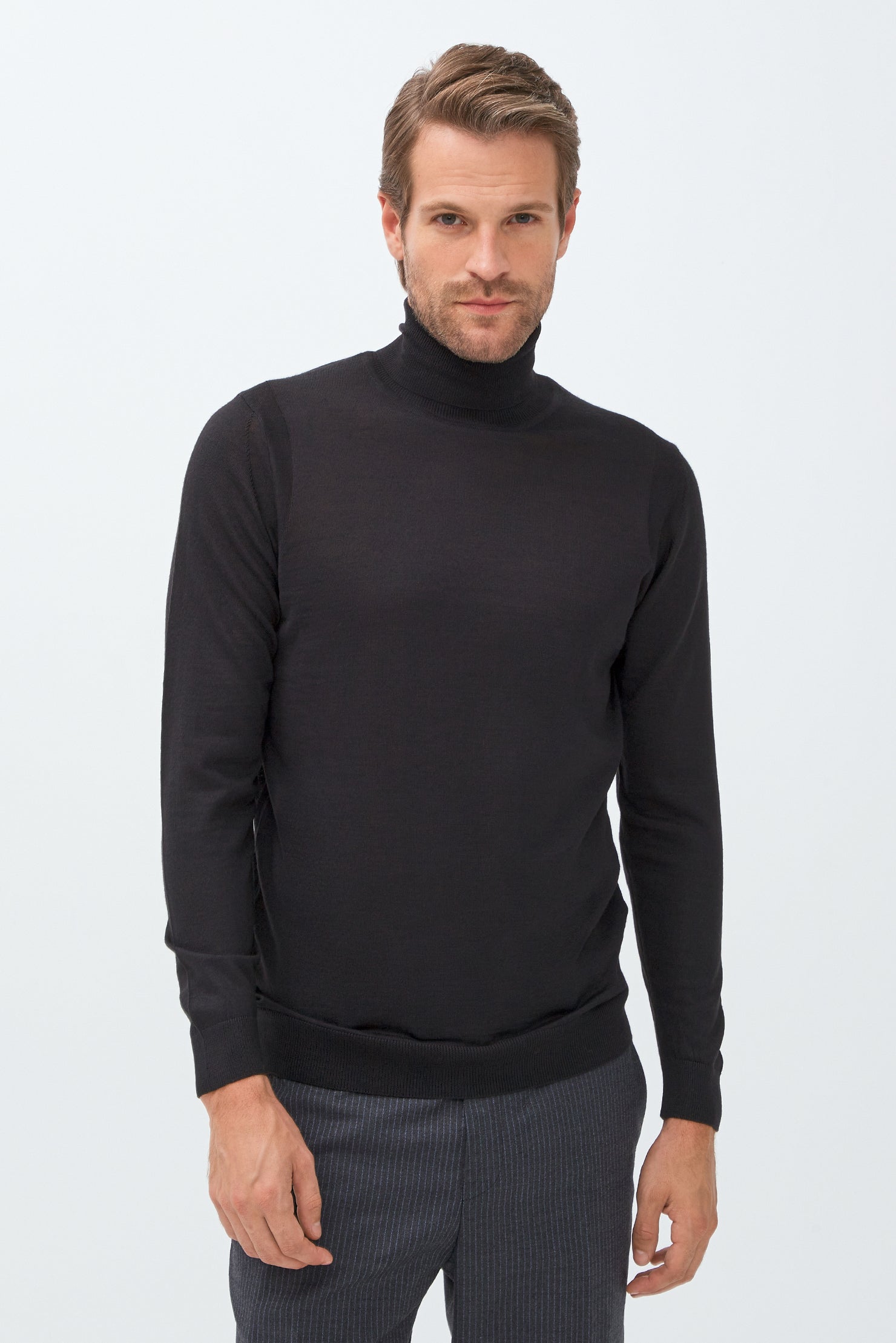 Siyah Balıkçı Yaka Slim Fit Dar Kesim Yünlü Triko Kazak