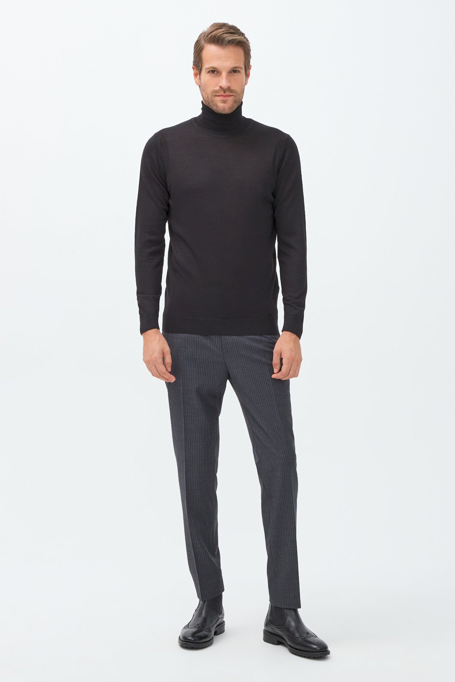 Siyah Balıkçı Yaka Slim Fit Dar Kesim Yünlü Triko Kazak