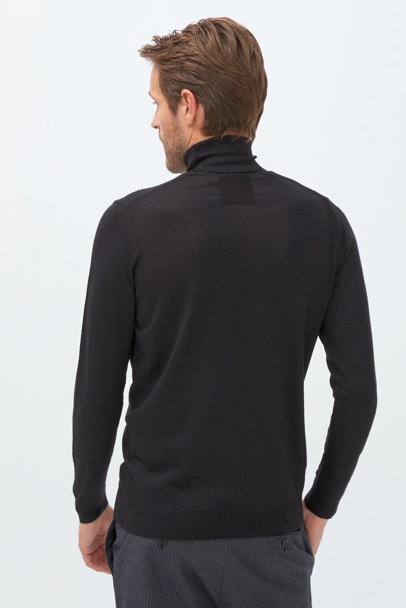 Siyah Balıkçı Yaka Slim Fit Dar Kesim Yünlü Triko Kazak