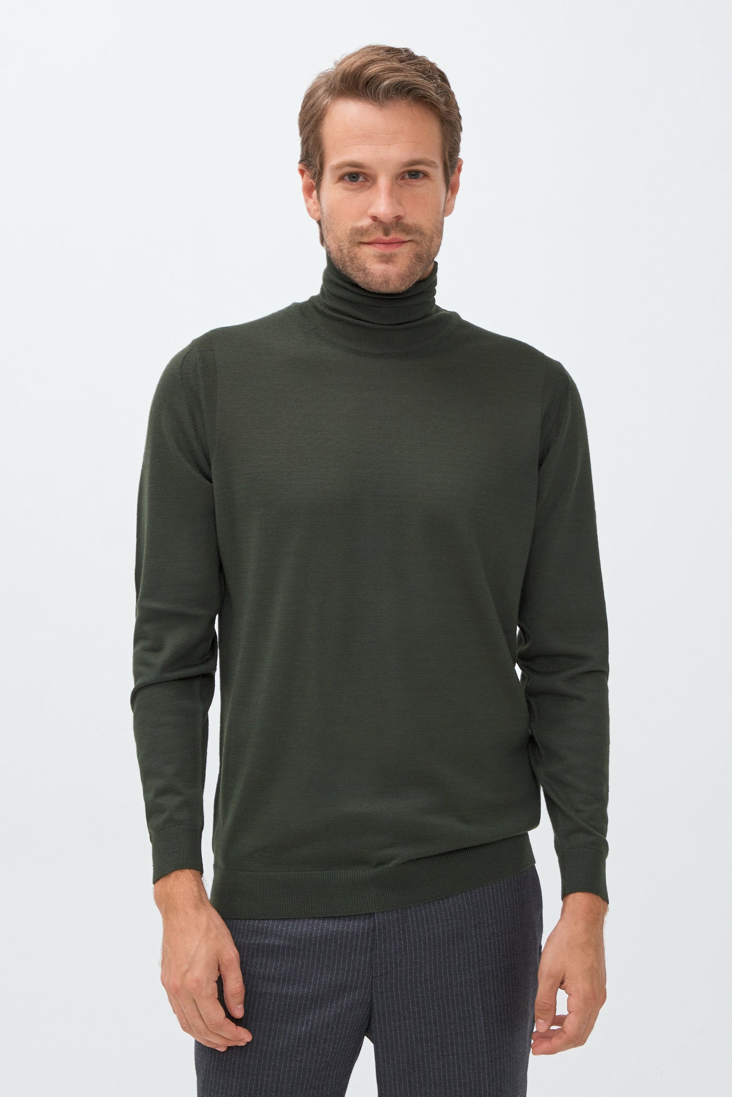 Haki Balıkçı Yaka Slim Fit Dar Kesim Yünlü Triko Kazak