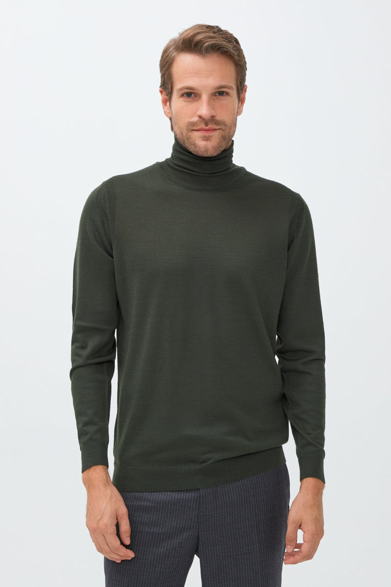 Haki Balıkçı Yaka Slim Fit Dar Kesim Yünlü Triko Kazak