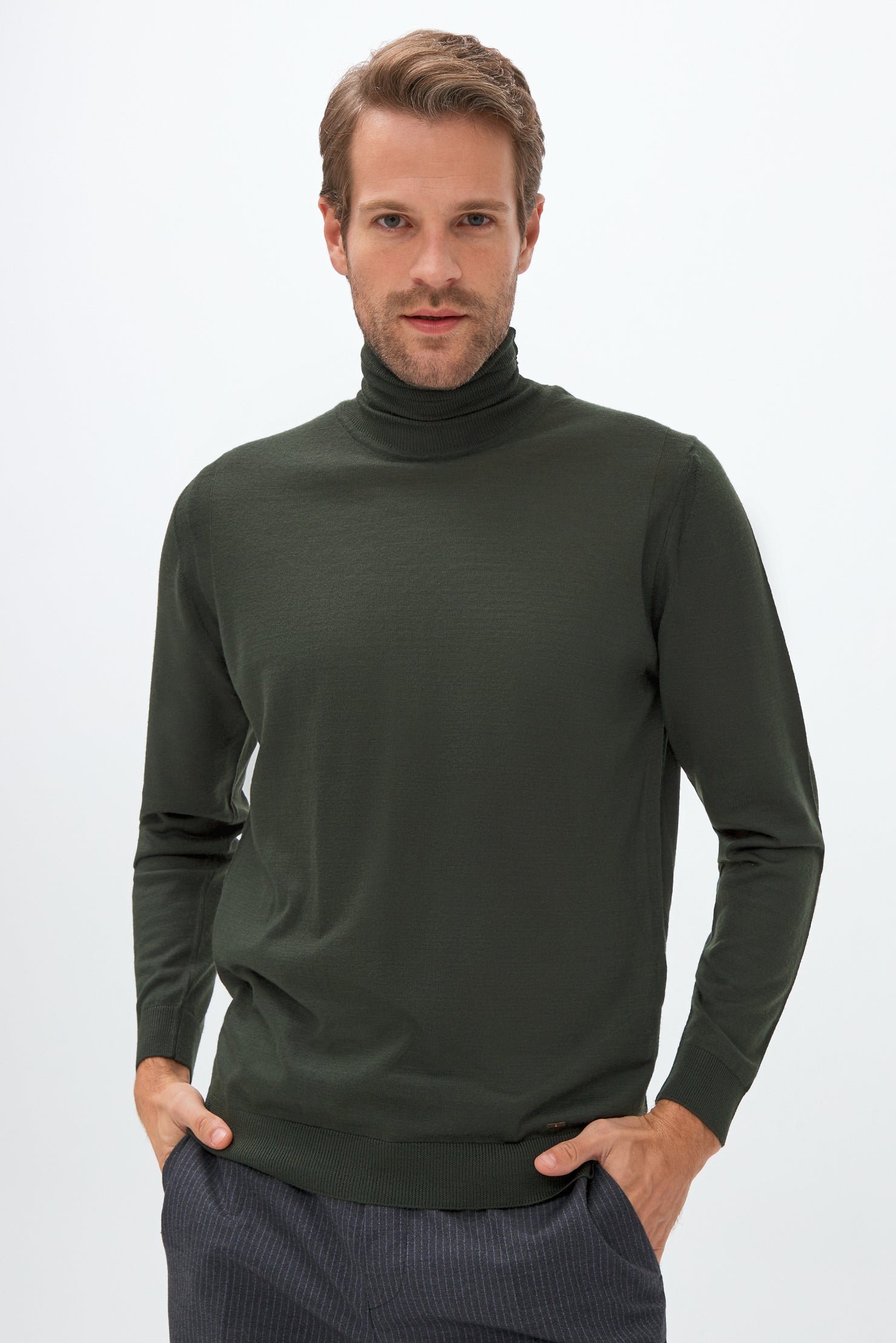 Haki Balıkçı Yaka Slim Fit Dar Kesim Yünlü Triko Kazak
