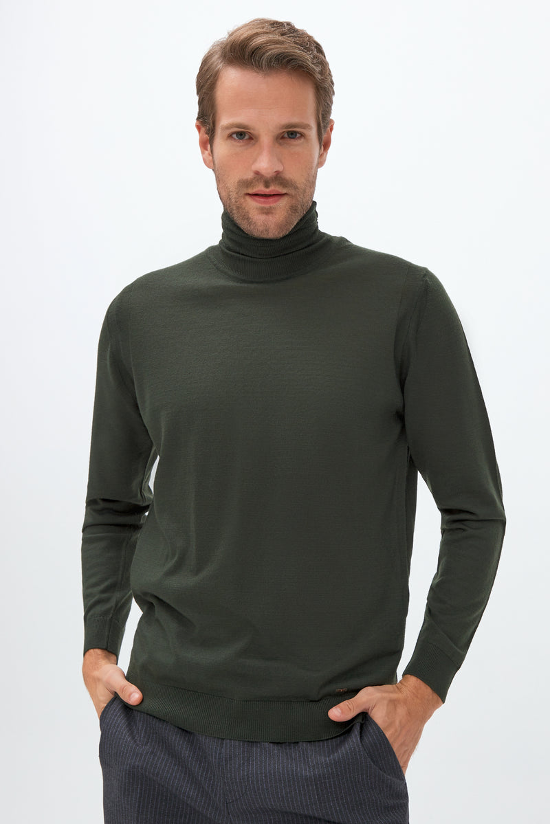 Haki Balıkçı Yaka Slim Fit Dar Kesim Yünlü Triko Kazak