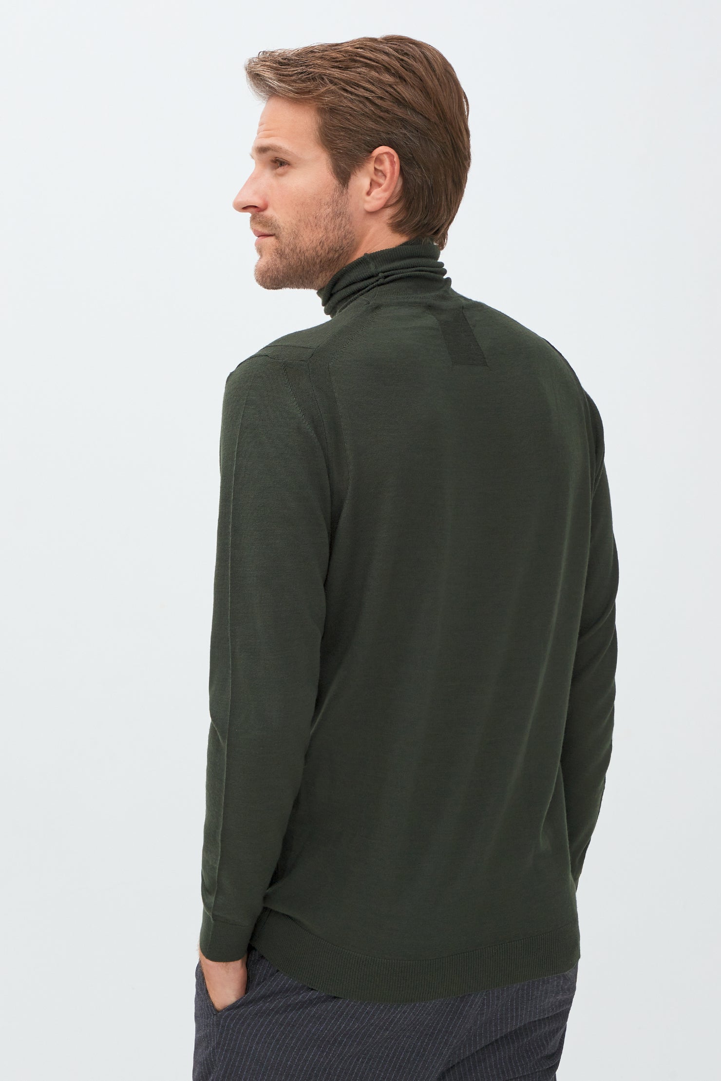 Haki Balıkçı Yaka Slim Fit Dar Kesim Yünlü Triko Kazak
