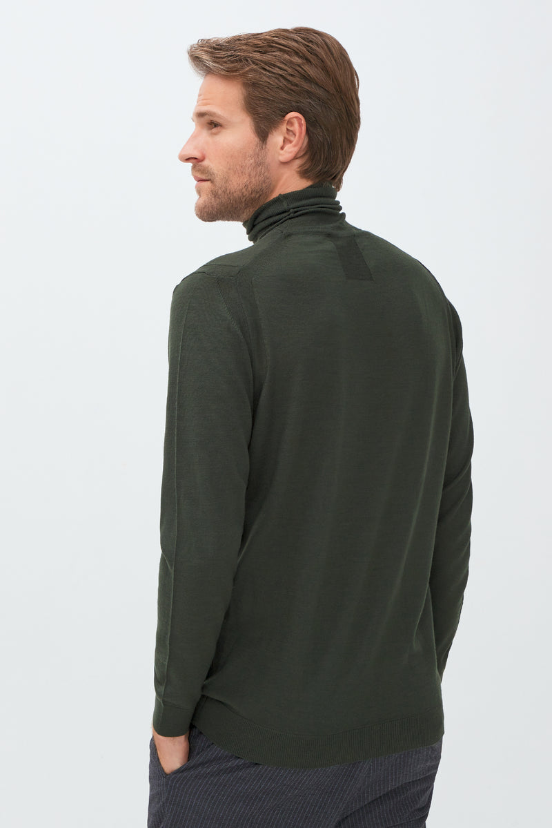 Haki Balıkçı Yaka Slim Fit Dar Kesim Yünlü Triko Kazak