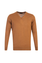Açık Kahve - Camel V Yaka Regular Fit Yünlü Triko Kazak