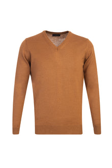 Açık Kahve - Camel V Yaka Regular Fit Yünlü Triko Kazak