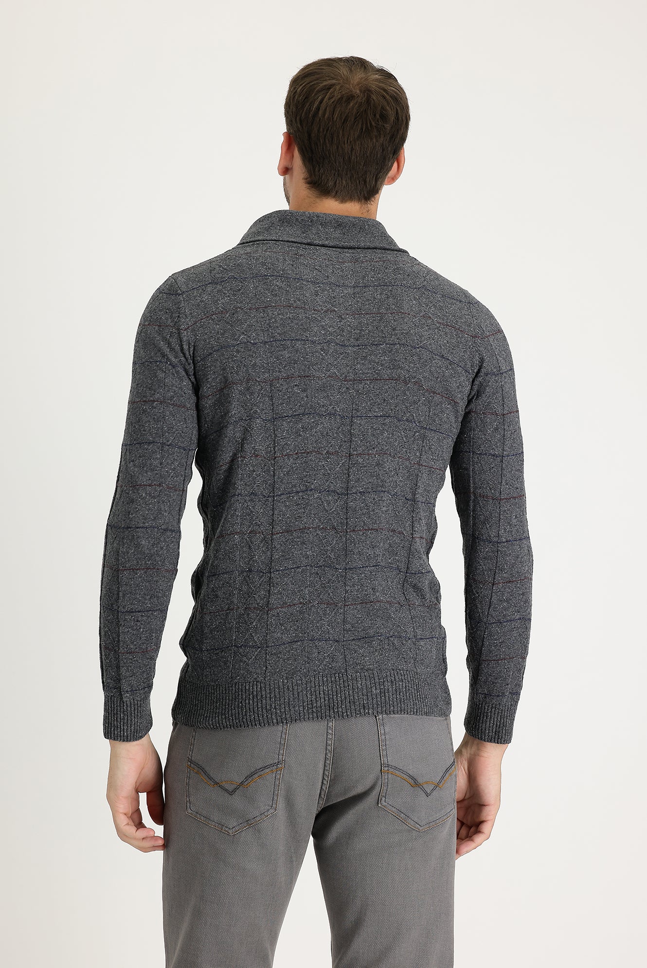 Orta Füme Şal Yaka Slim Fit Dar Kesim Yünlü Desenli Triko Kazak