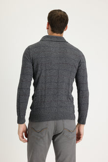 Orta Füme Şal Yaka Slim Fit Dar Kesim Yünlü Desenli Triko Kazak