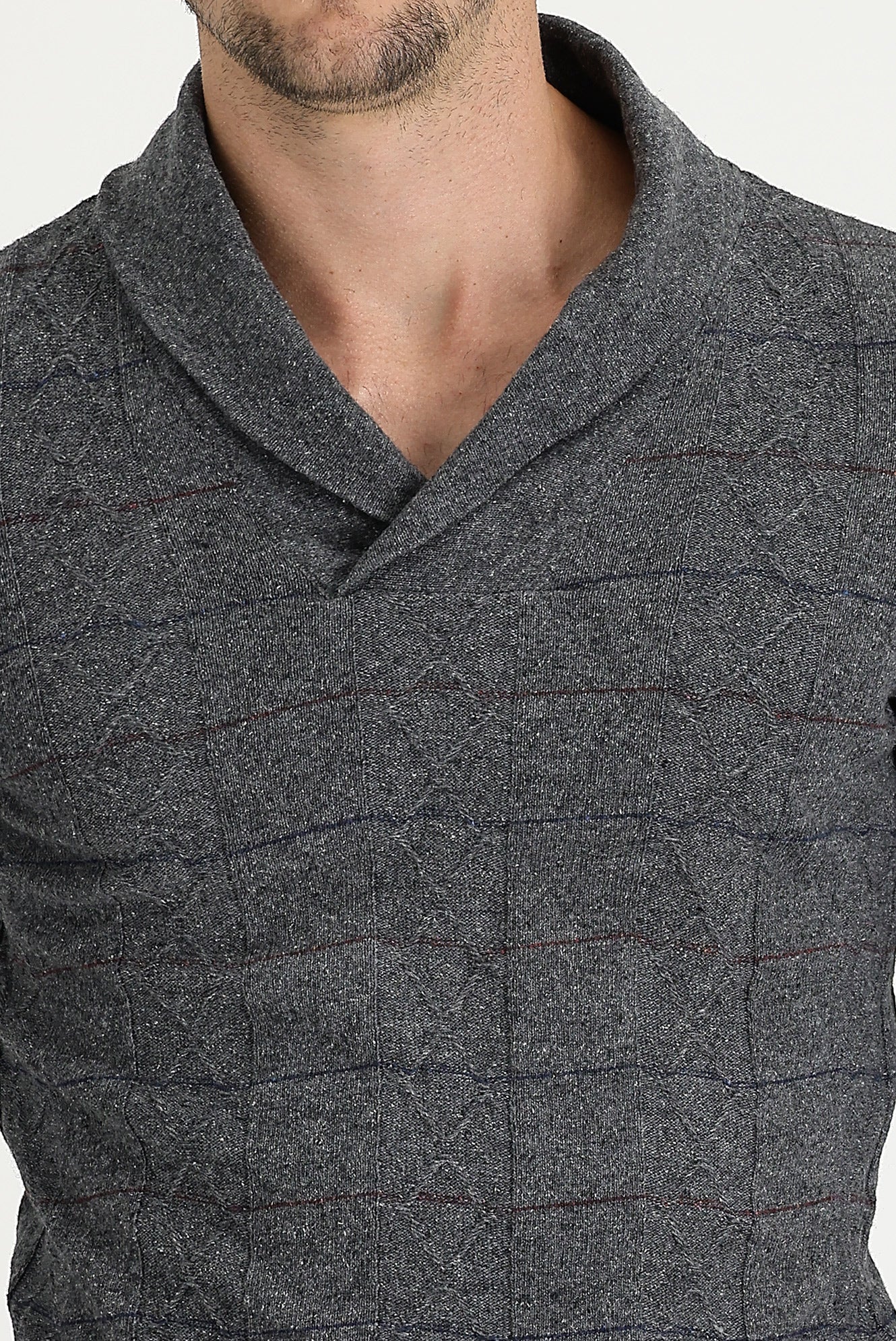 Orta Füme Şal Yaka Slim Fit Dar Kesim Yünlü Desenli Triko Kazak