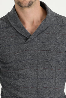 Orta Füme Şal Yaka Slim Fit Dar Kesim Yünlü Desenli Triko Kazak
