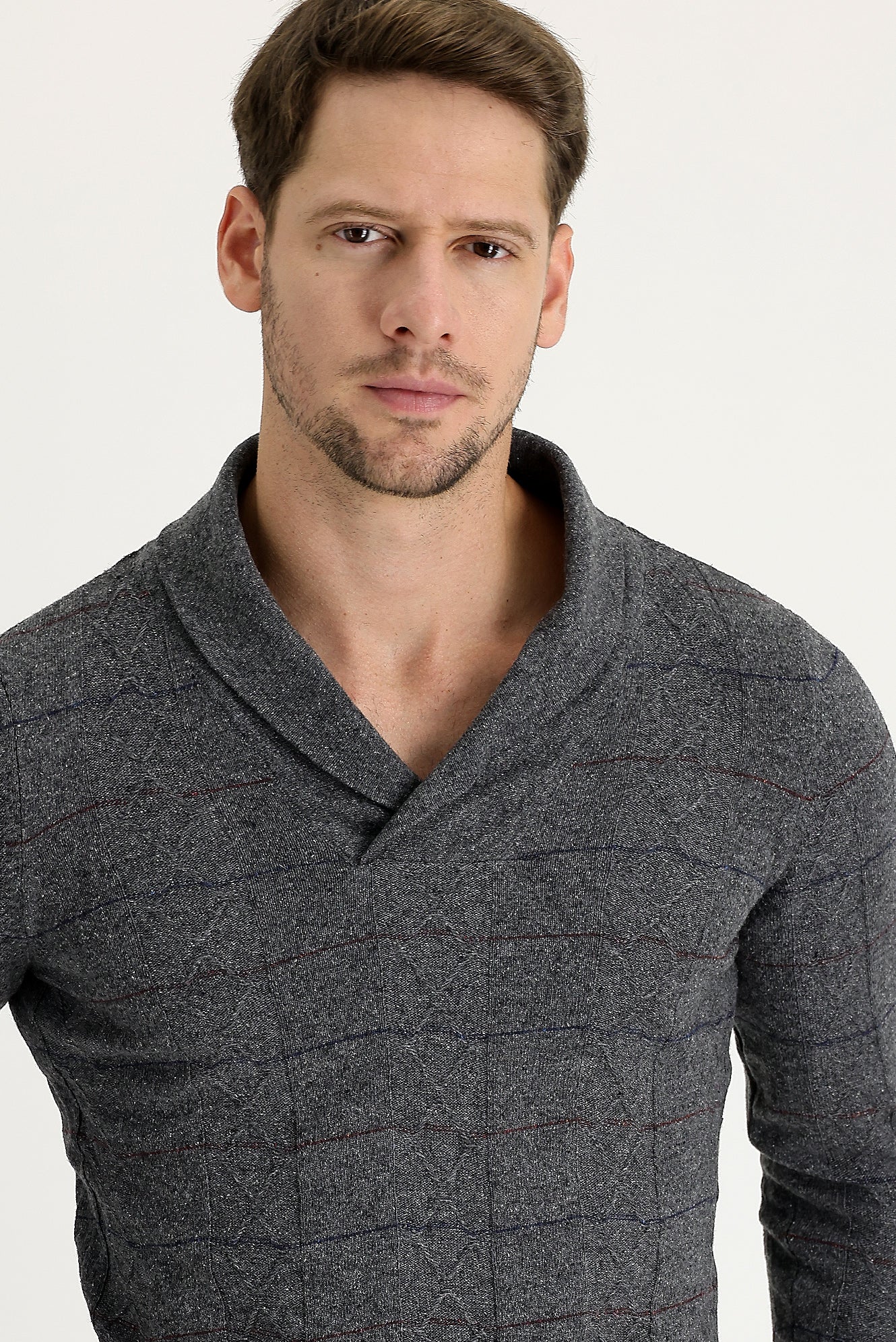 Orta Füme Şal Yaka Slim Fit Dar Kesim Yünlü Desenli Triko Kazak