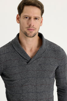 Orta Füme Şal Yaka Slim Fit Dar Kesim Yünlü Desenli Triko Kazak