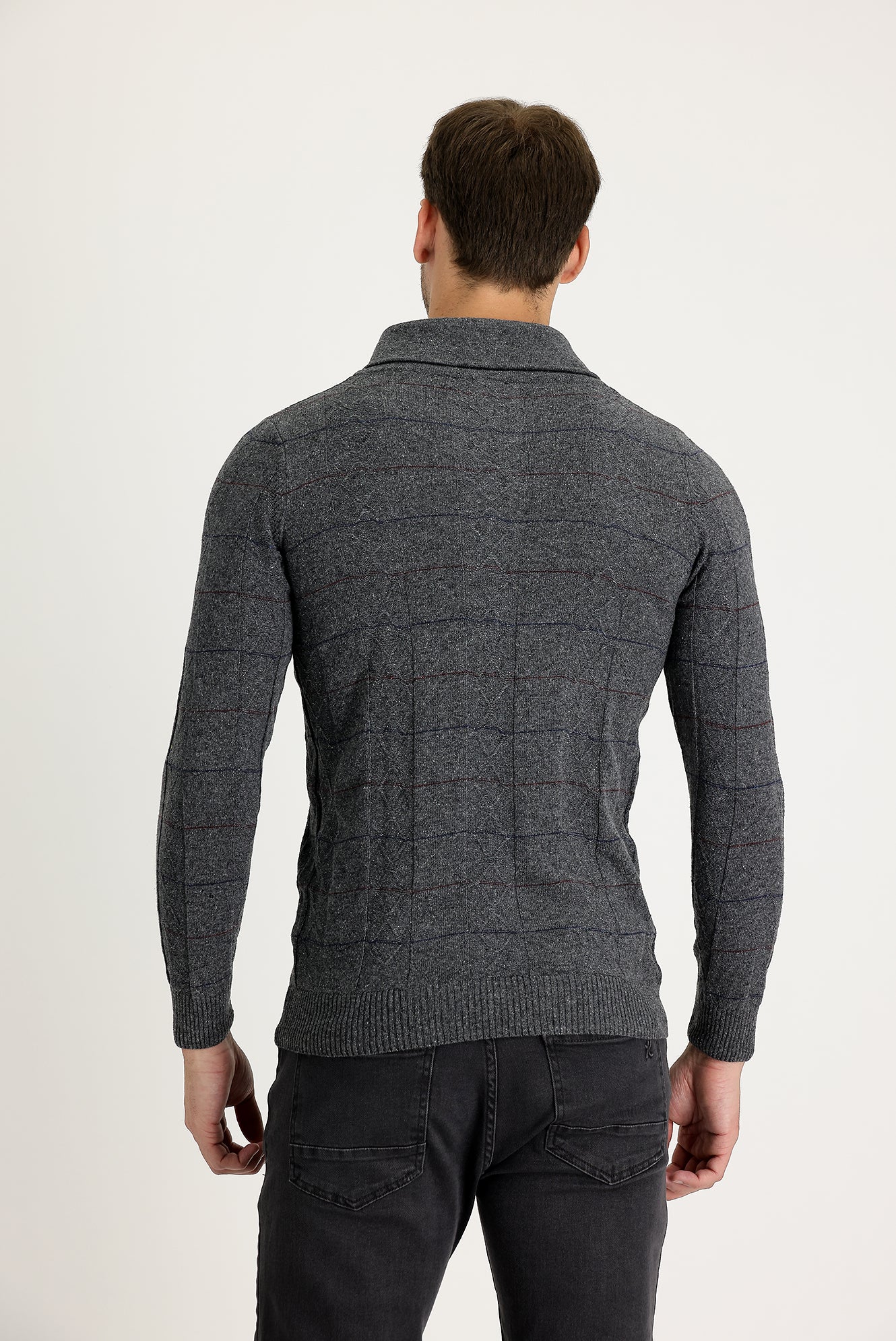 Orta Füme Şal Yaka Slim Fit Dar Kesim Yünlü Desenli Triko Kazak