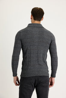 Orta Füme Şal Yaka Slim Fit Dar Kesim Yünlü Desenli Triko Kazak