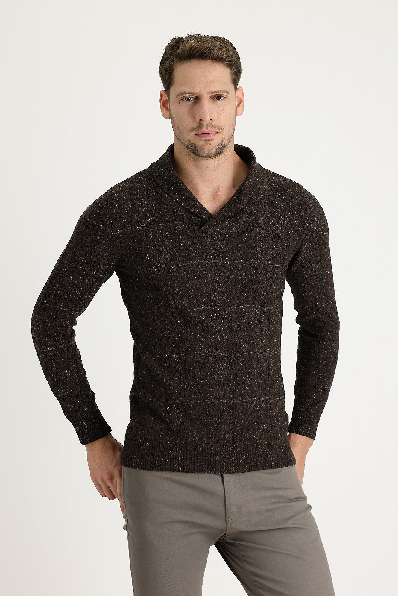 Kahve Şal Yaka Slim Fit Dar Kesim Yünlü Desenli Triko Kazak