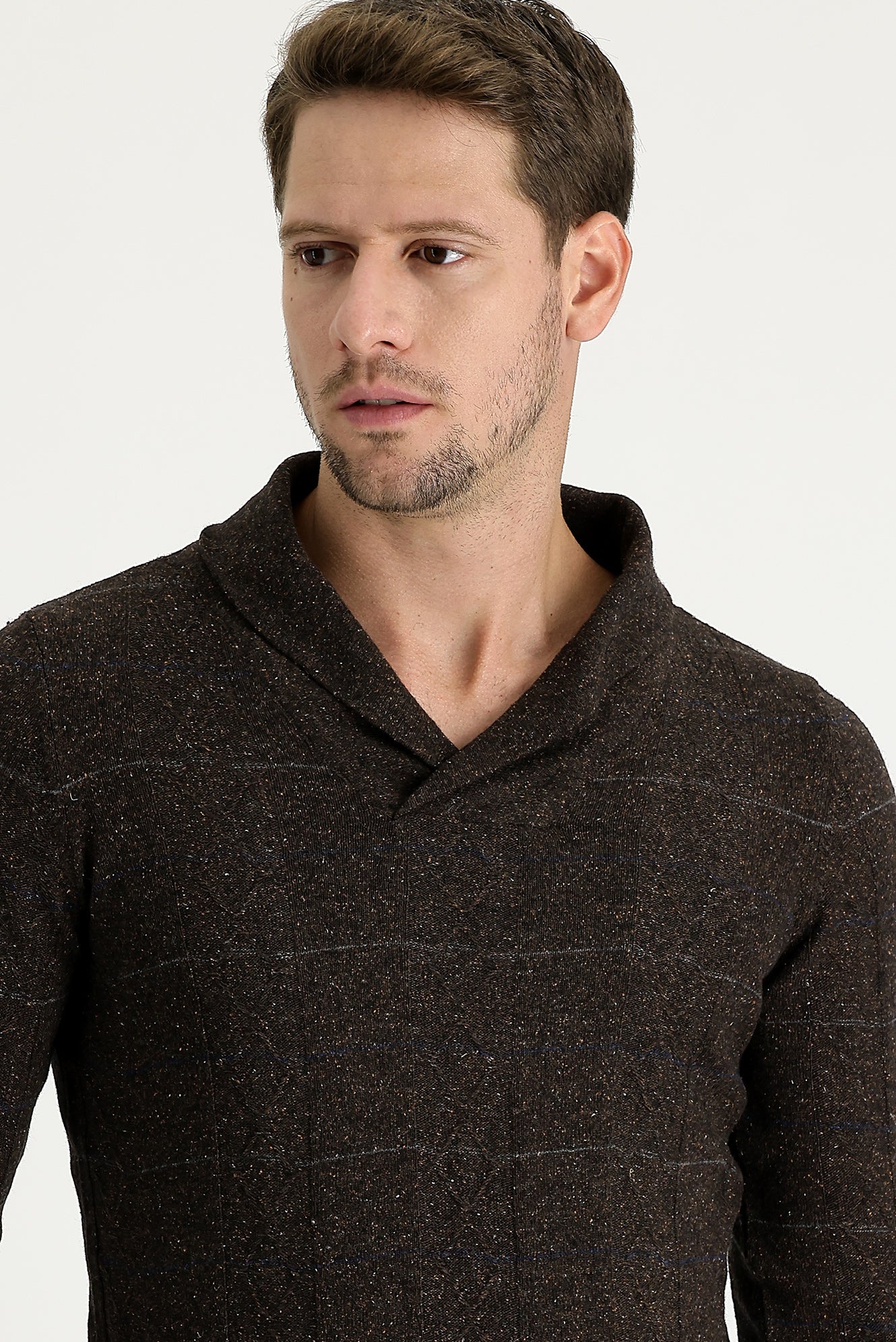 Kahve Şal Yaka Slim Fit Dar Kesim Yünlü Desenli Triko Kazak