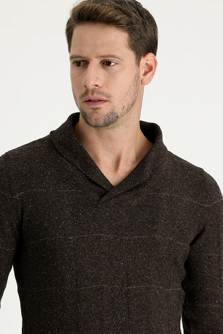 Kahve Şal Yaka Slim Fit Dar Kesim Yünlü Desenli Triko Kazak