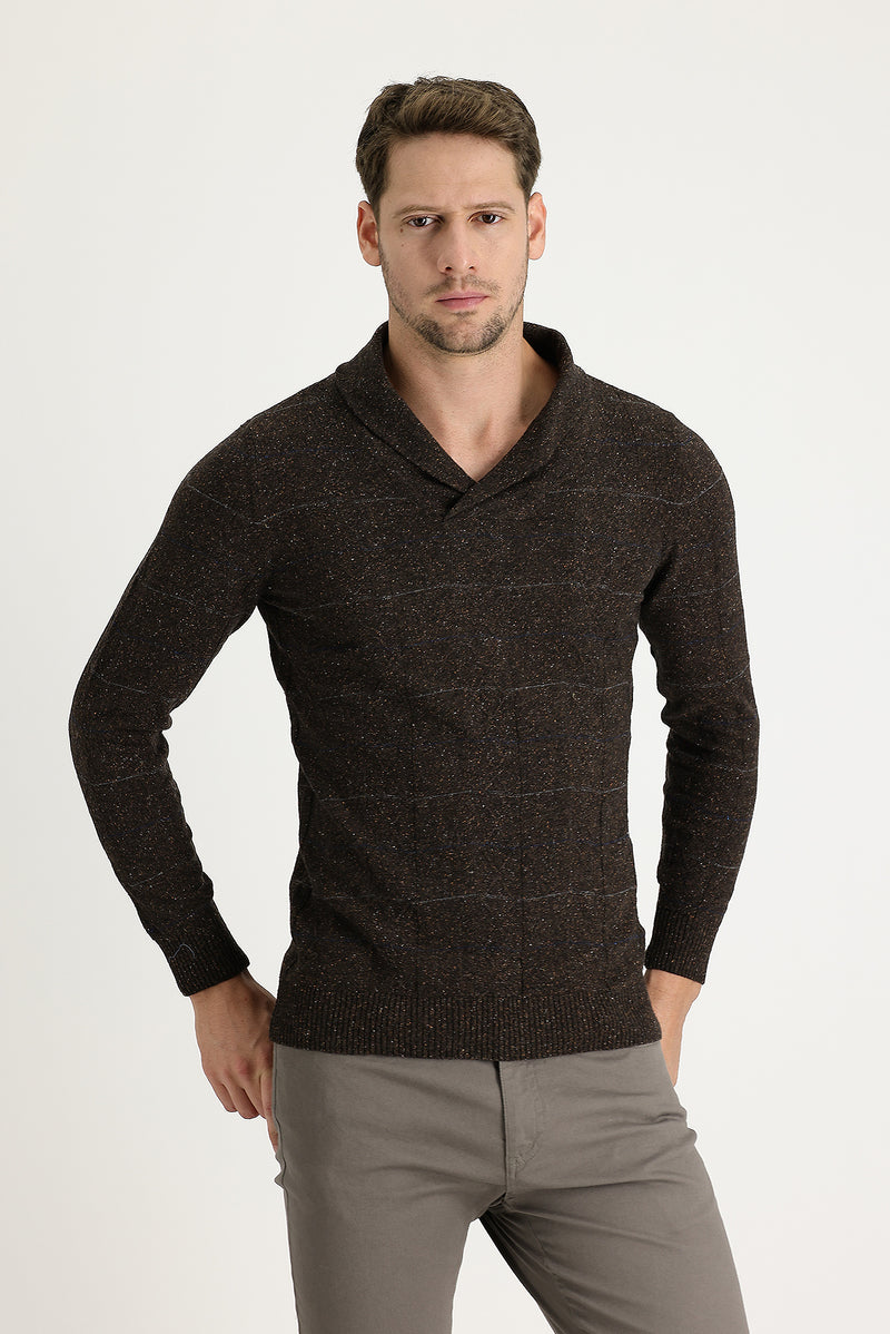 Kahve Şal Yaka Slim Fit Dar Kesim Yünlü Desenli Triko Kazak
