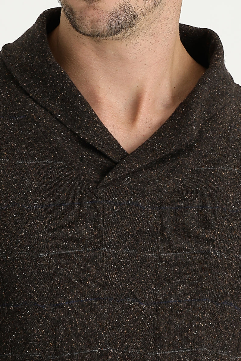 Kahve Şal Yaka Slim Fit Dar Kesim Yünlü Desenli Triko Kazak