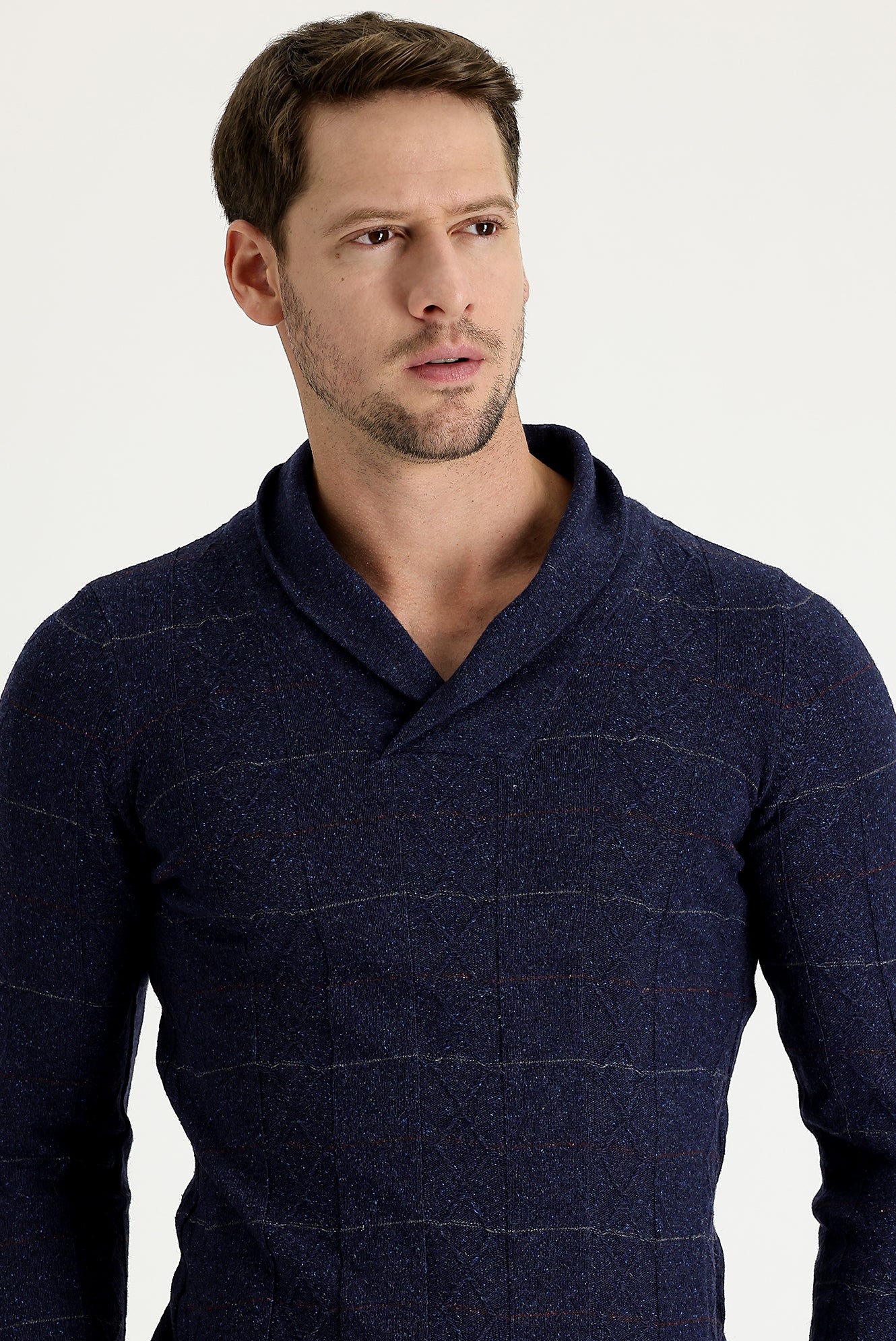 Petrol Şal Yaka Slim Fit Dar Kesim Yünlü Desenli Triko Kazak