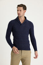 Petrol Şal Yaka Slim Fit Dar Kesim Yünlü Desenli Triko Kazak