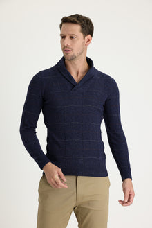 Petrol Şal Yaka Slim Fit Dar Kesim Yünlü Desenli Triko Kazak