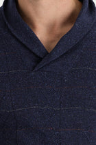 Petrol Şal Yaka Slim Fit Dar Kesim Yünlü Desenli Triko Kazak