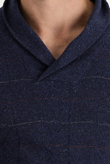 Petrol Şal Yaka Slim Fit Dar Kesim Yünlü Desenli Triko Kazak