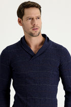 Petrol Şal Yaka Slim Fit Dar Kesim Yünlü Desenli Triko Kazak