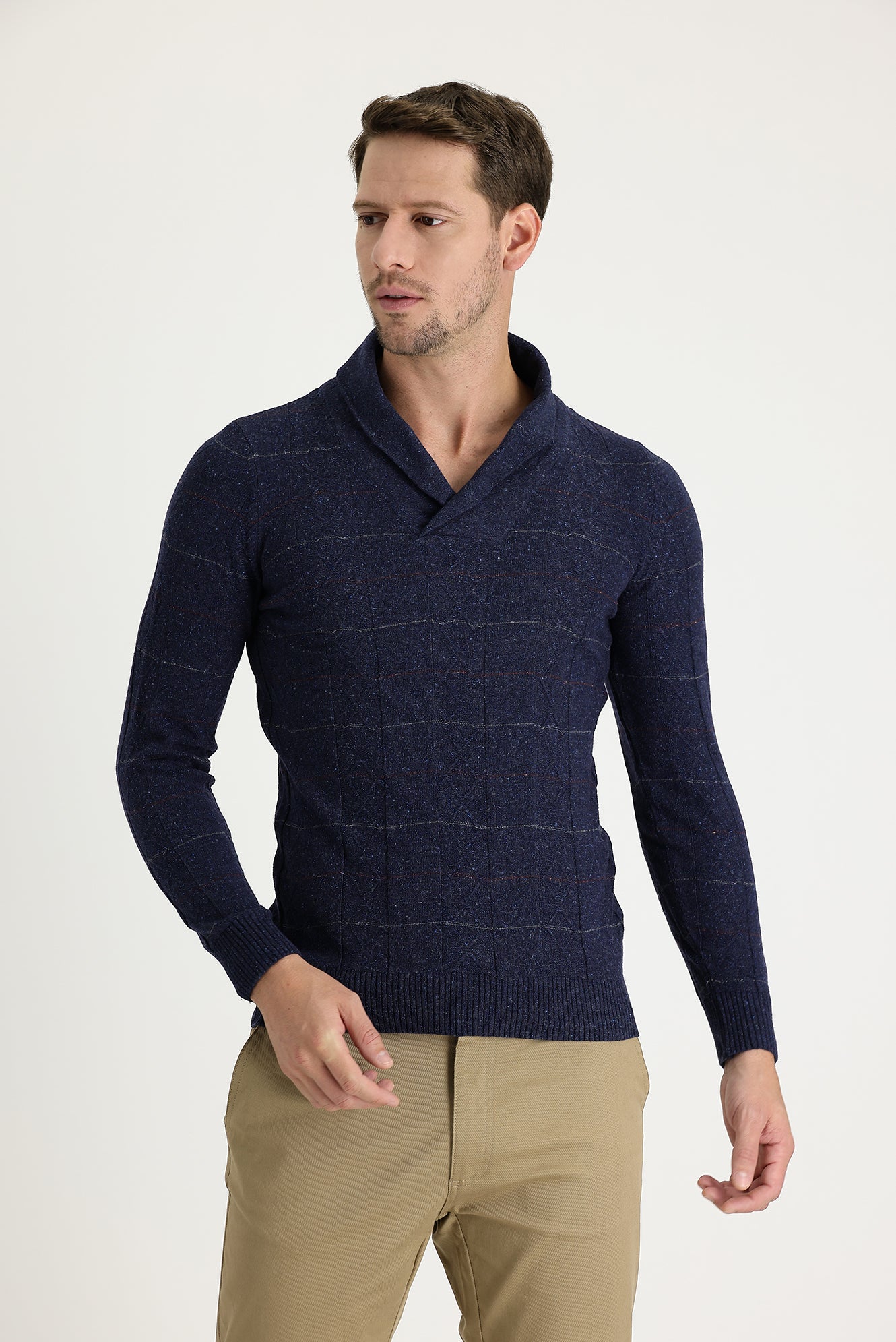 Petrol Şal Yaka Slim Fit Dar Kesim Yünlü Desenli Triko Kazak