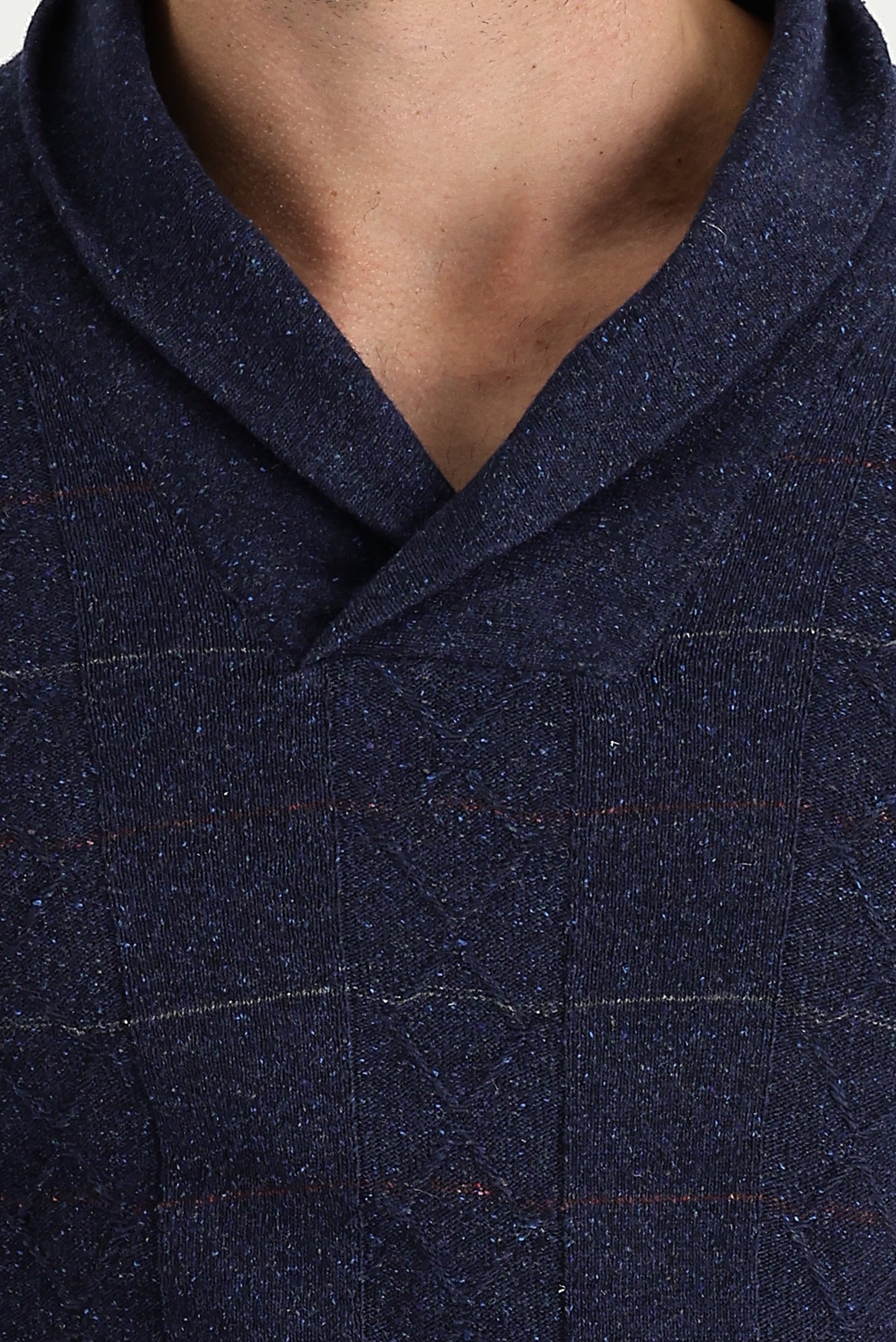 Petrol Şal Yaka Slim Fit Dar Kesim Yünlü Desenli Triko Kazak