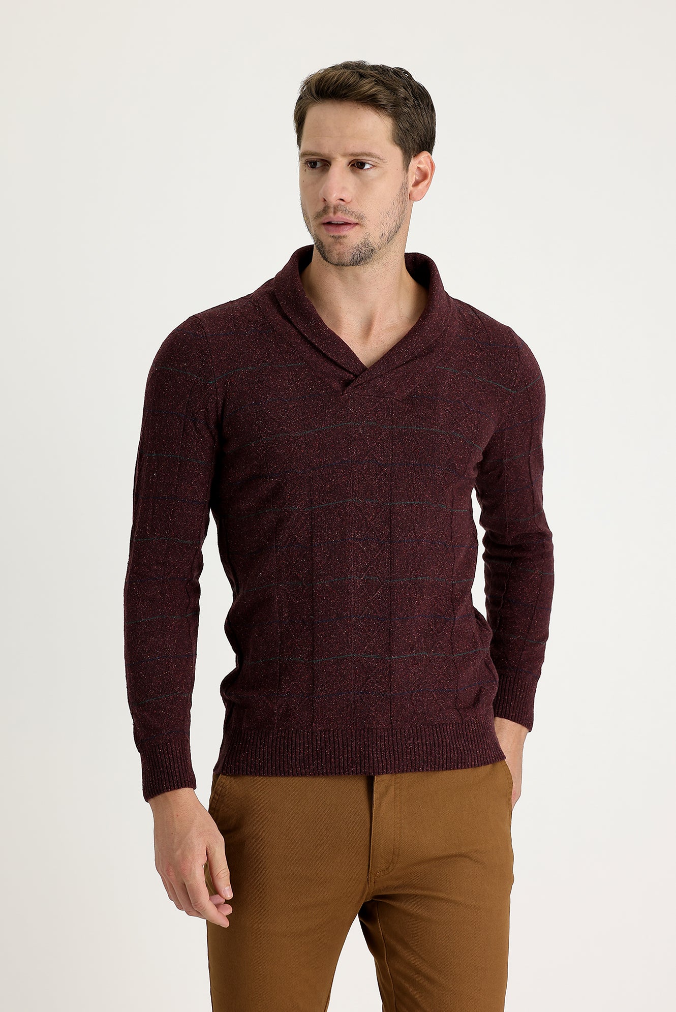 Bordo Şal Yaka Slim Fit Dar Kesim Yünlü Desenli Triko Kazak