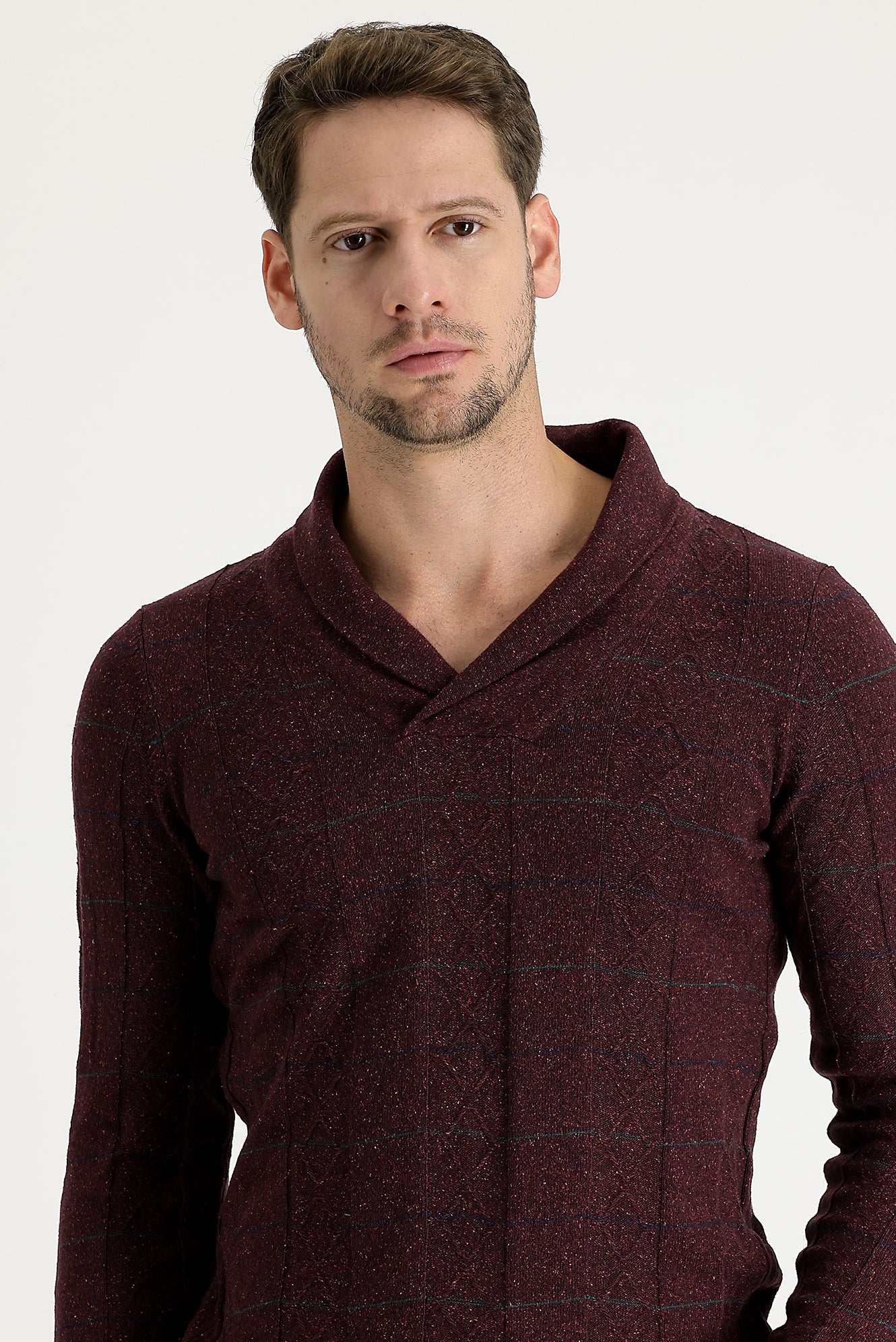 Bordo Şal Yaka Slim Fit Dar Kesim Yünlü Desenli Triko Kazak