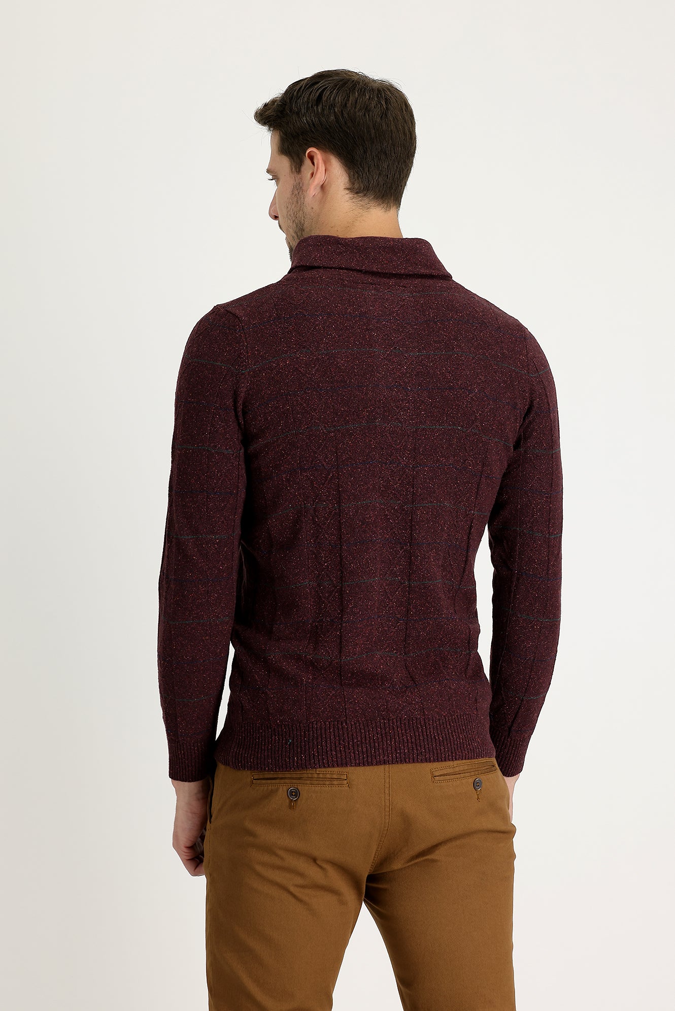 Bordo Şal Yaka Slim Fit Dar Kesim Yünlü Desenli Triko Kazak