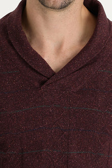 Bordo Şal Yaka Slim Fit Dar Kesim Yünlü Desenli Triko Kazak