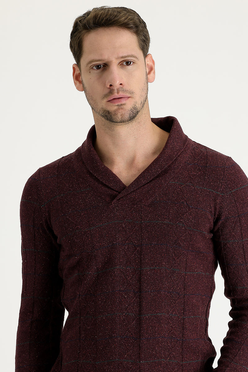 Bordo Şal Yaka Slim Fit Dar Kesim Yünlü Desenli Triko Kazak