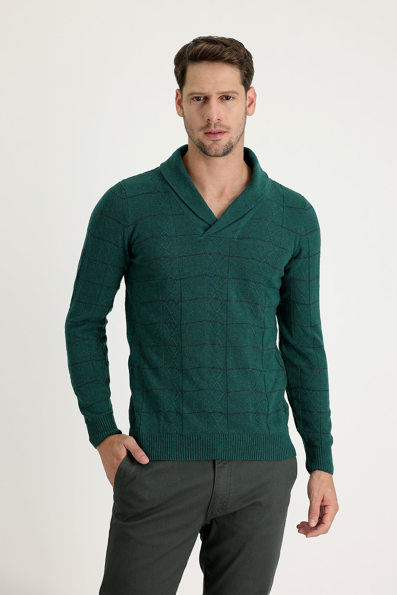 Koyu Yesil Şal Yaka Slim Fit Dar Kesim Yünlü Desenli Triko Kazak