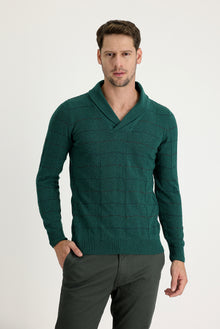 Koyu Yesil Şal Yaka Slim Fit Dar Kesim Yünlü Desenli Triko Kazak