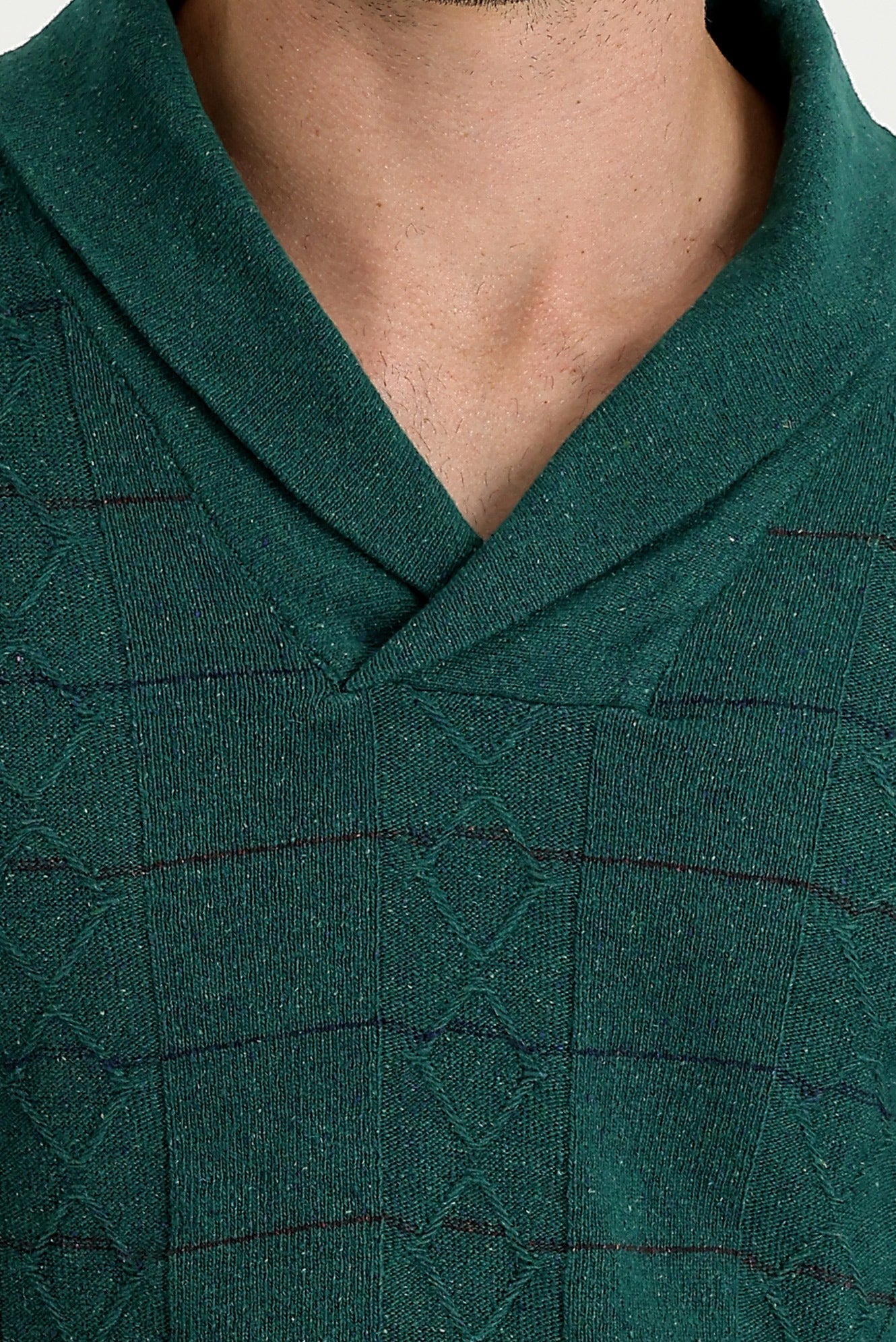 Koyu Yesil Şal Yaka Slim Fit Dar Kesim Yünlü Desenli Triko Kazak