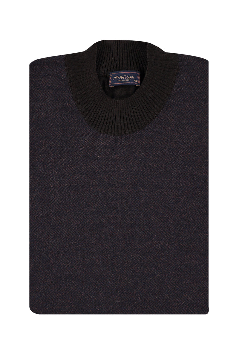 Kahve Büyük Beden Yarım Balıkçı Yaka Yünlü Triko Kazak